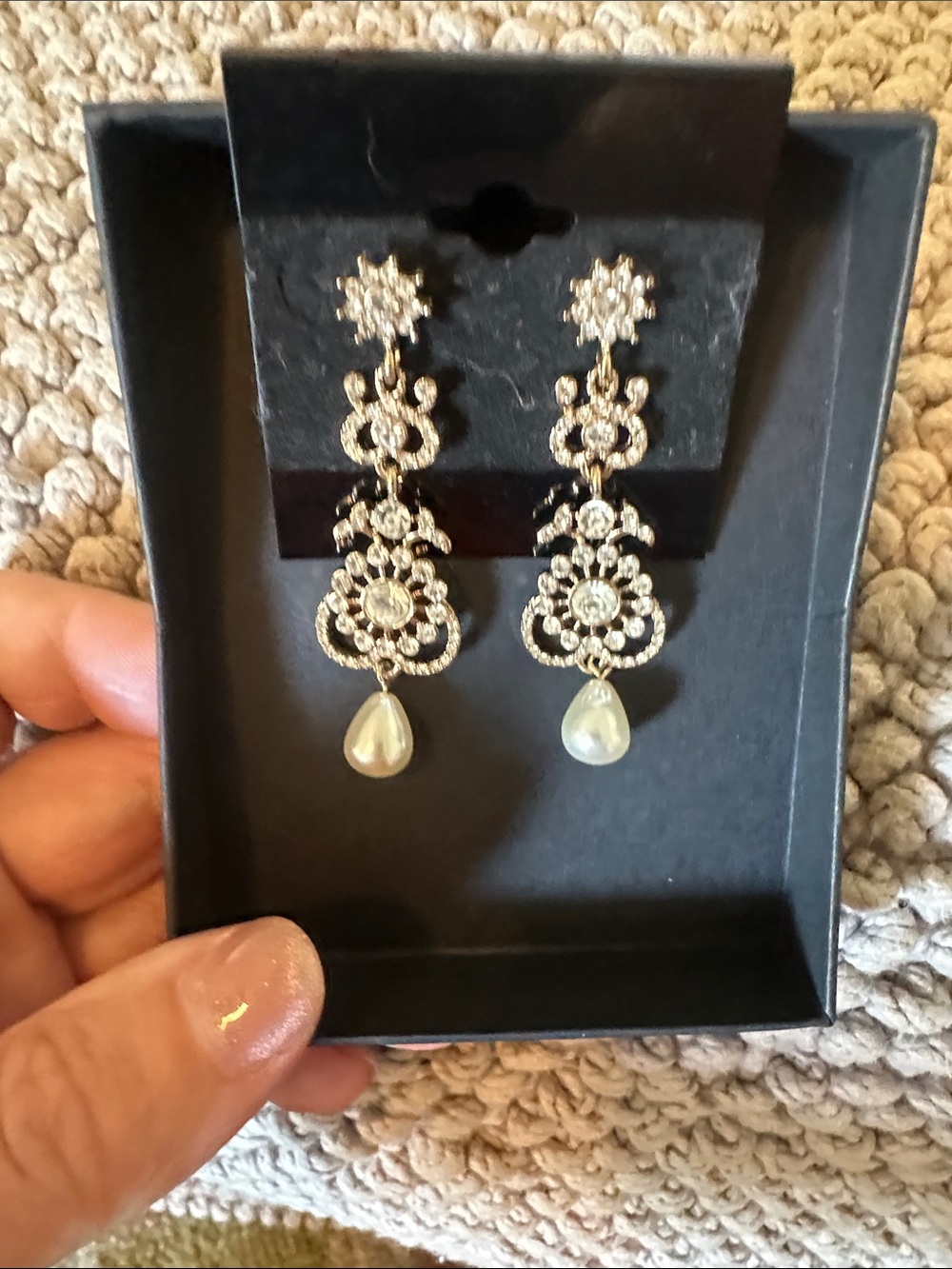 Gold-Tone Crystal Filigree Drop Earrings with Pearl Teardrop